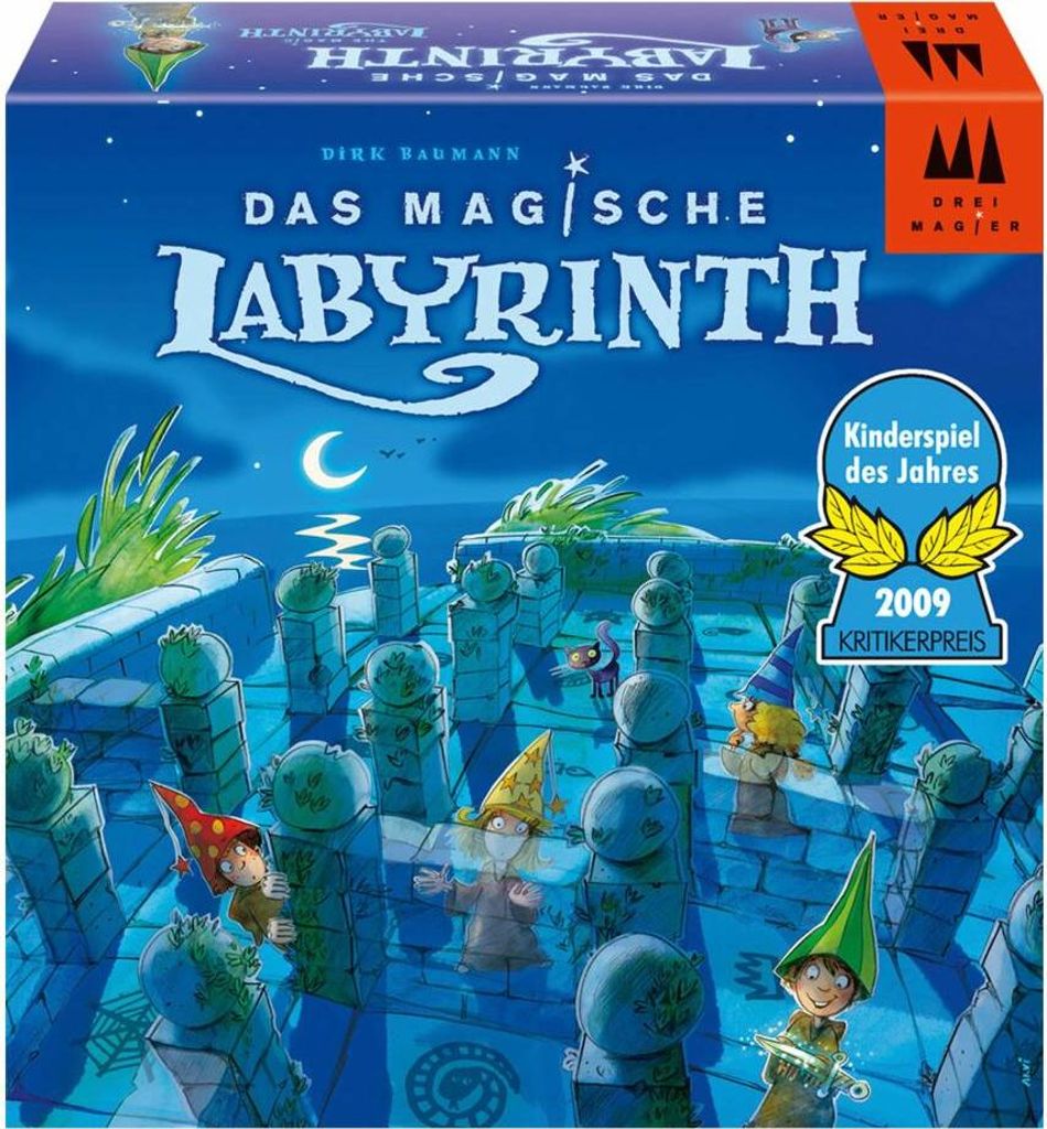 The image shows the box art for the board game 'Das magische Labyrinth', featuring a nighttime scene with gnomes in a maze.