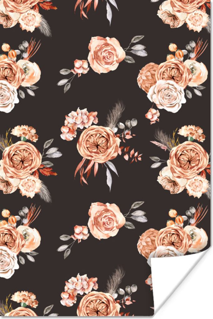 MuchoWow Poster Rosen - Blätter - Schwarz 80x120 cm - Papierdruck