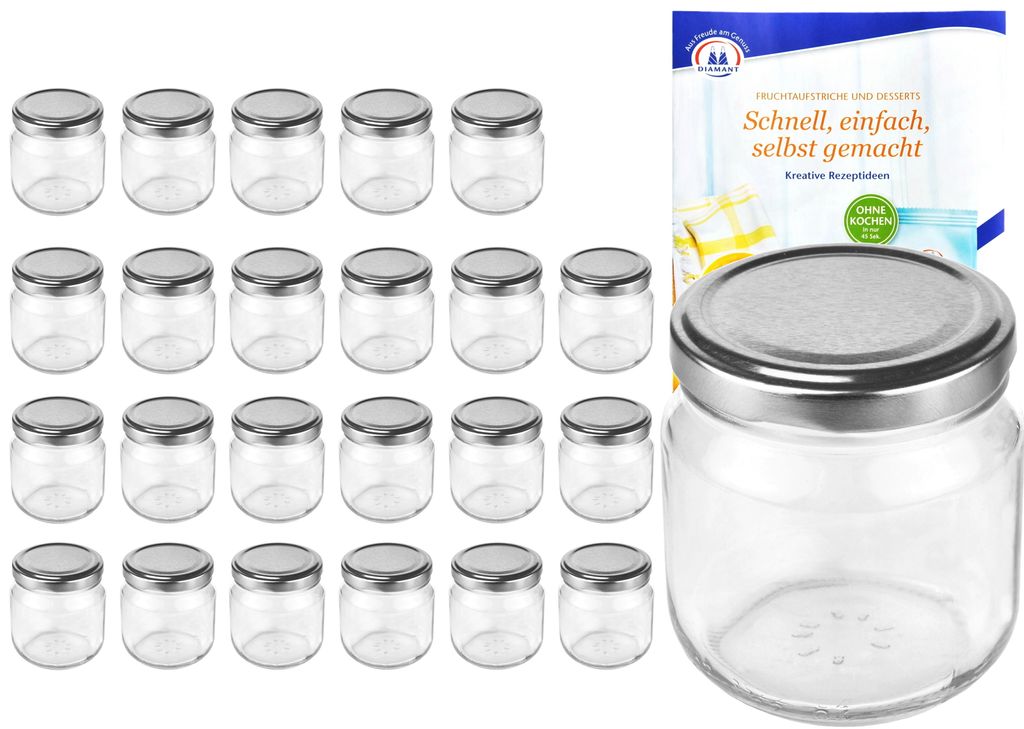 24er Set Rundglas 212 ml nieder To 66 silberner Deckel Sturzgläser Einweckgläser incl. Rezeptheft