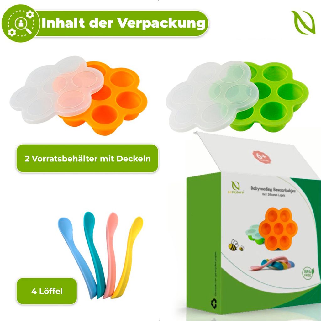 HI NATURE Babybrei Einfrierbehälter Set - 4 Silikon Behälter Mit Löffeln, BPA Frei, Hitzebeständig