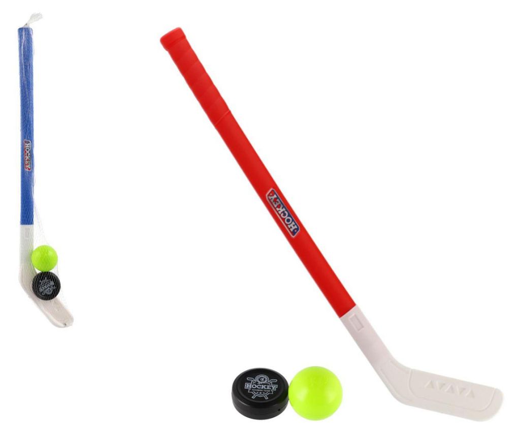 Hokejka plast 73cm s pukem a míčkem 2 barvy v síťce Obrázek produktu 