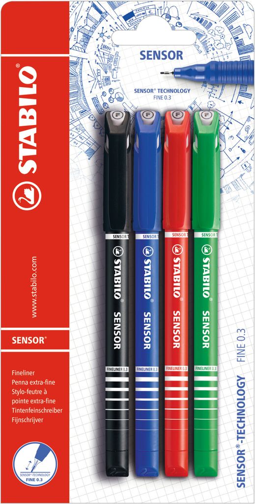 Fineliner mit gefederter Spitze - STABILO SENSOR F - fein - 4er Pack - schwarz, blau, rot, grün