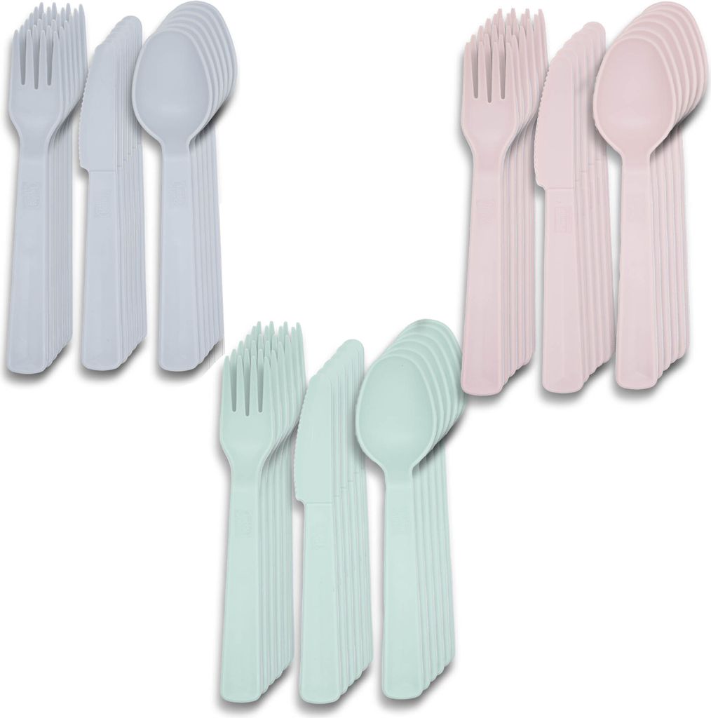 3x Besteck Mehrweg Party Camping Gabel Messer Löffel Kunststoff Plastik Set 54-Teilig