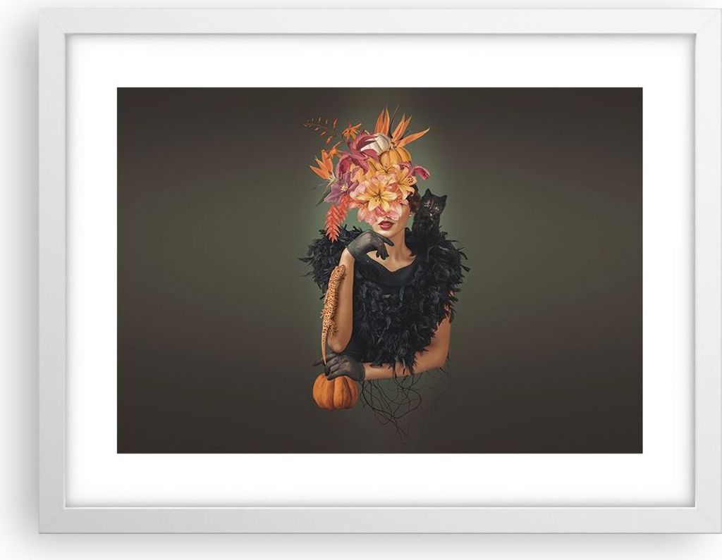 Gerahmtes Poster - Weißer Rahmen - Frau Katze Blumen - 40x30 cm - Wand Bild - Wanddeko - Wandbilder - Kunstposter - Wandposter - Bilderrahmen - Bi...