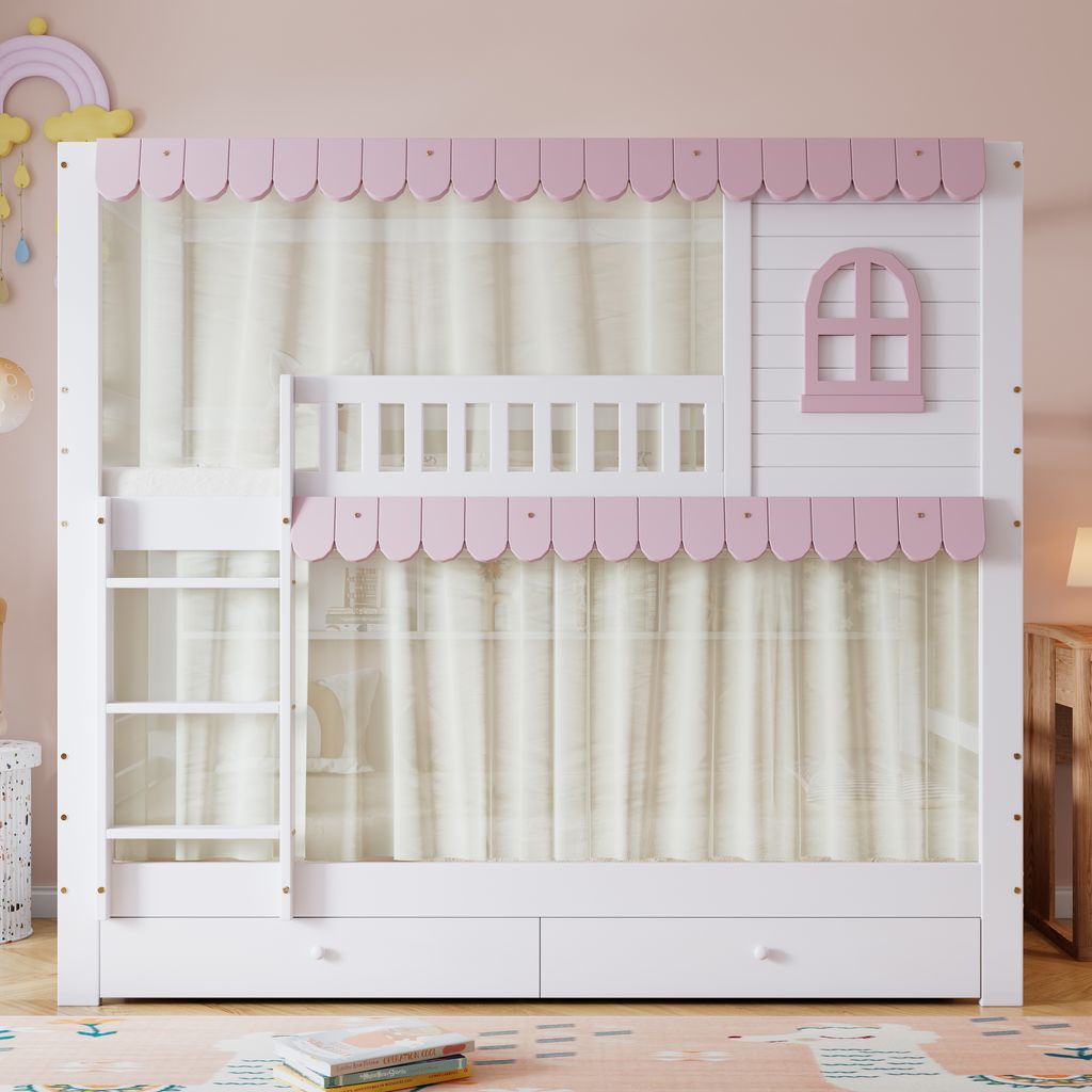A white bunk bed with pink scalloped trim and a house-shaped window detail, set against a light pink wall.