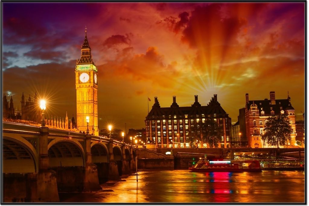Wallario Wandbild London - Big Ben in strahlenden Farben, Größe: 61 x 91,50 cm, Poster mit schwarzem Aluminiumrahmen