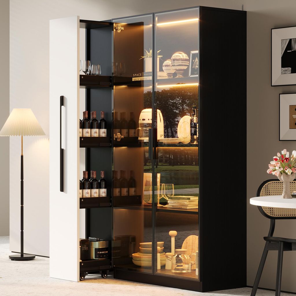 STILVORA Vitrine 110,5×35×160 cm mit Glastür & LED-Beleuchtung, Hochschrank mit Seitenauszug & Rollfunktion, Multifunktionsschrank für Wohnzimm...