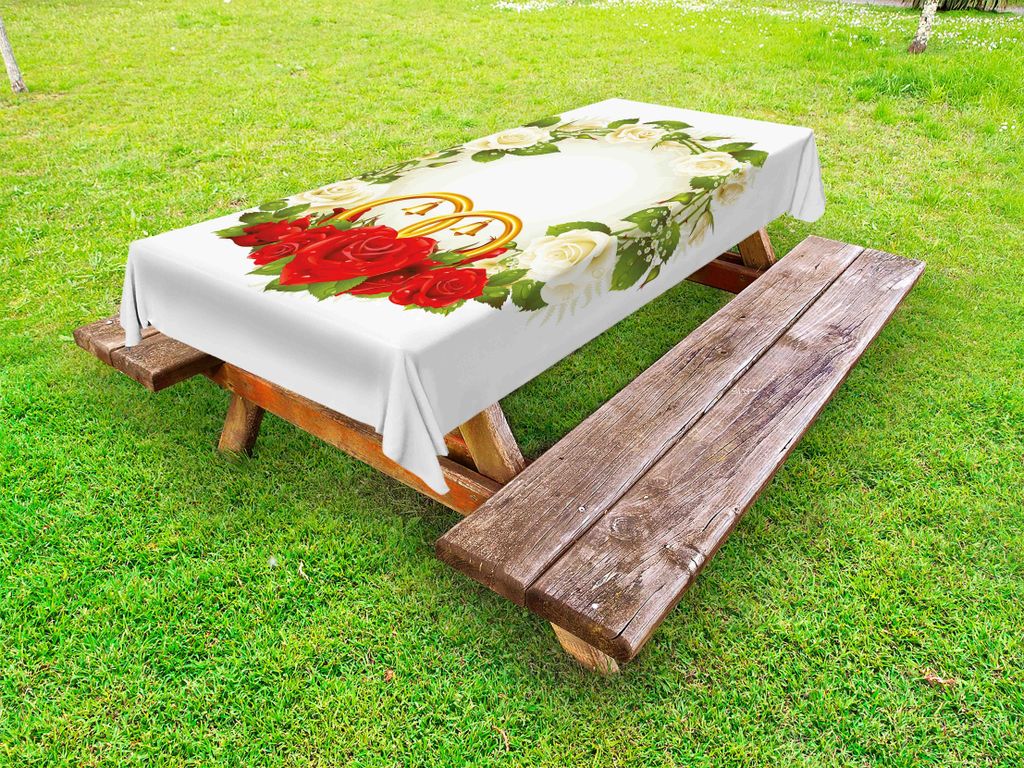 ABAKUHAUS Hochzeit Tischdecke Outdoor, Rahmen mit weißen und roten Rosen und stilisierten Trauringe Celebration Romance, Grün Weiß Rot, 145x210cm