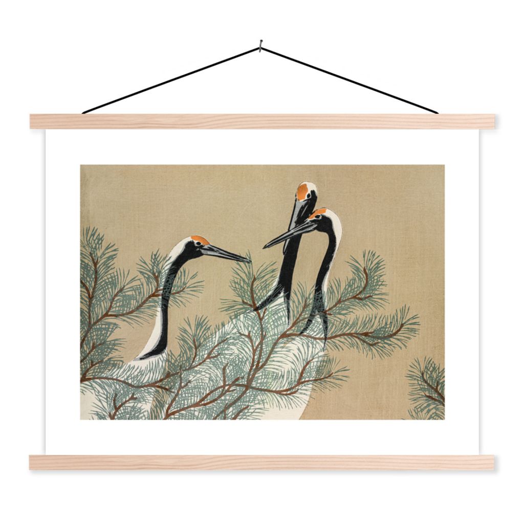 MuchoWow Textilposter Kranich - Blätter - Japanisch - Vintage 60x45 cm mit holzfarbenen Rahmen - Bild