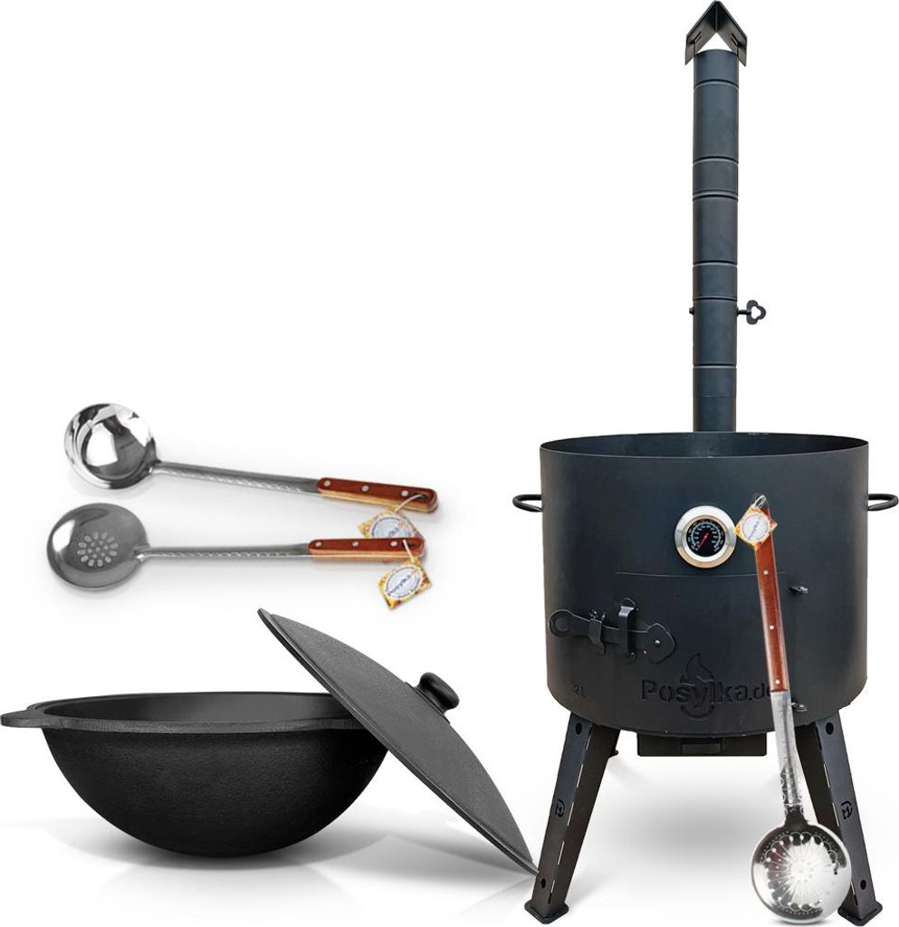 Set - Feuerofen - KazanoFF, für Kasan 22 Liter, Ø 49 cm + Thermometer + Gusseisenkasan, runder Boden, 22 l, Ø 52,7 cm + Schaumlöffel: 2 Stk. + ...