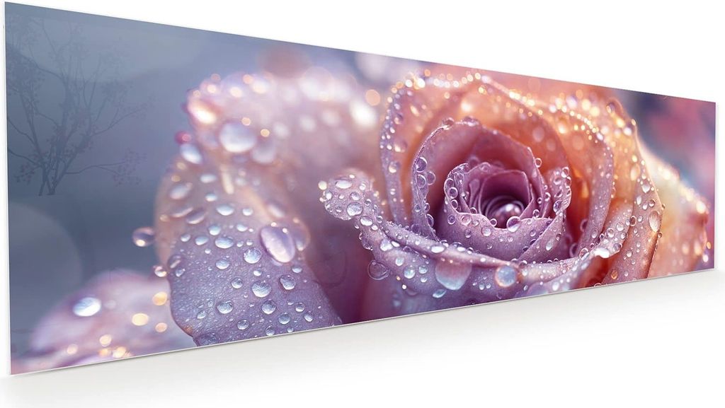 Glasbild 120x40cm in XXL für Wohnzimmer, Schlafzimmer Motiv Nasser Blumenglanz