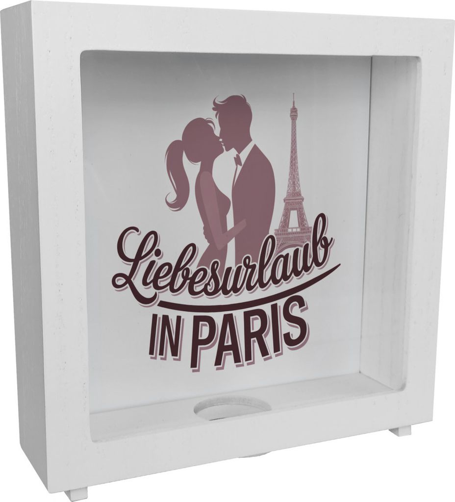 Küssendes Paar Liebesurlaub in Paris Rahmen Spardose aus Holz