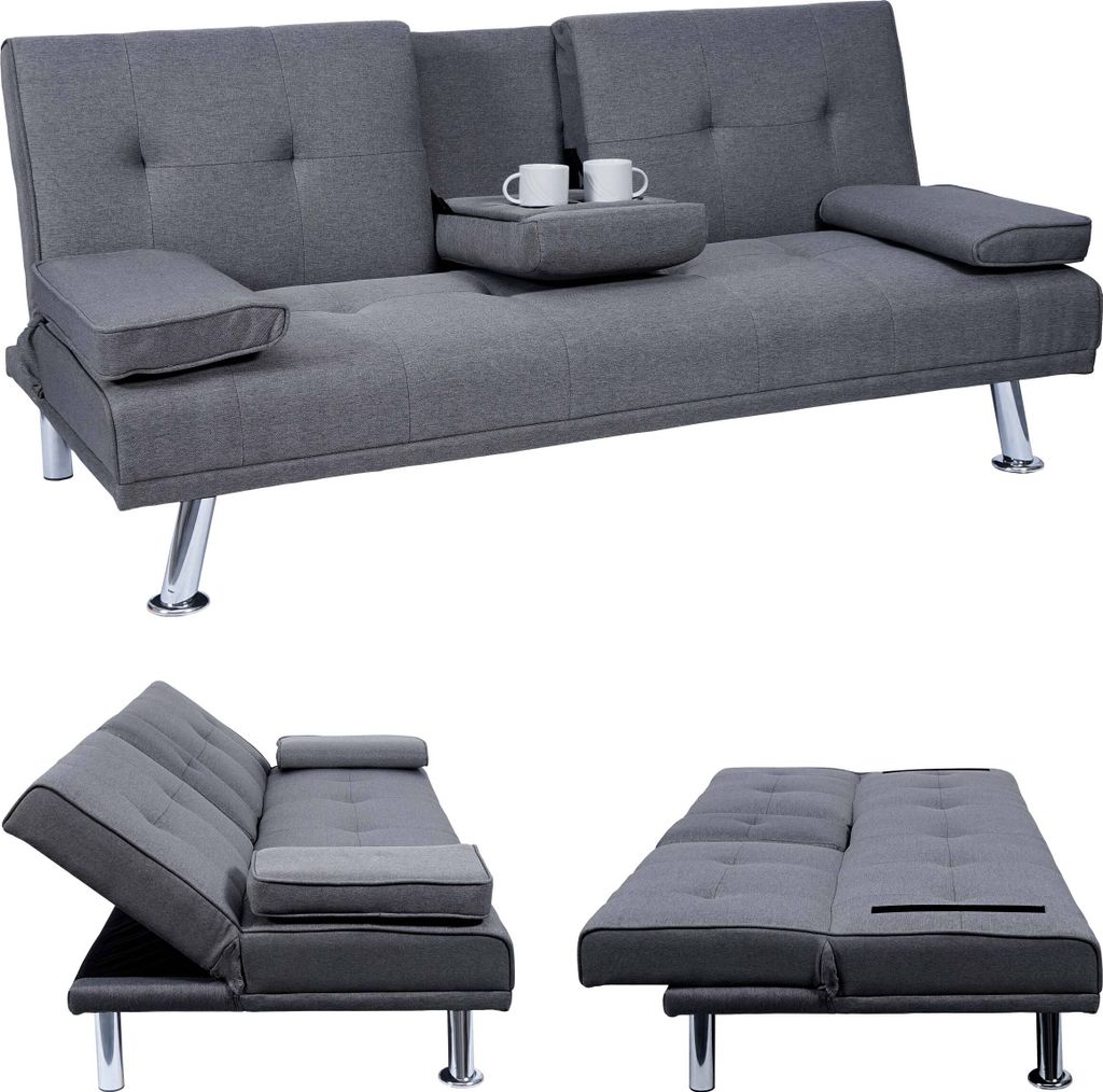 3er-Sofa HWC-F60, Couch Schlafsofa Gästebett, Tassenhalter verstellbar 97x166cm Textil, dunkelgrau