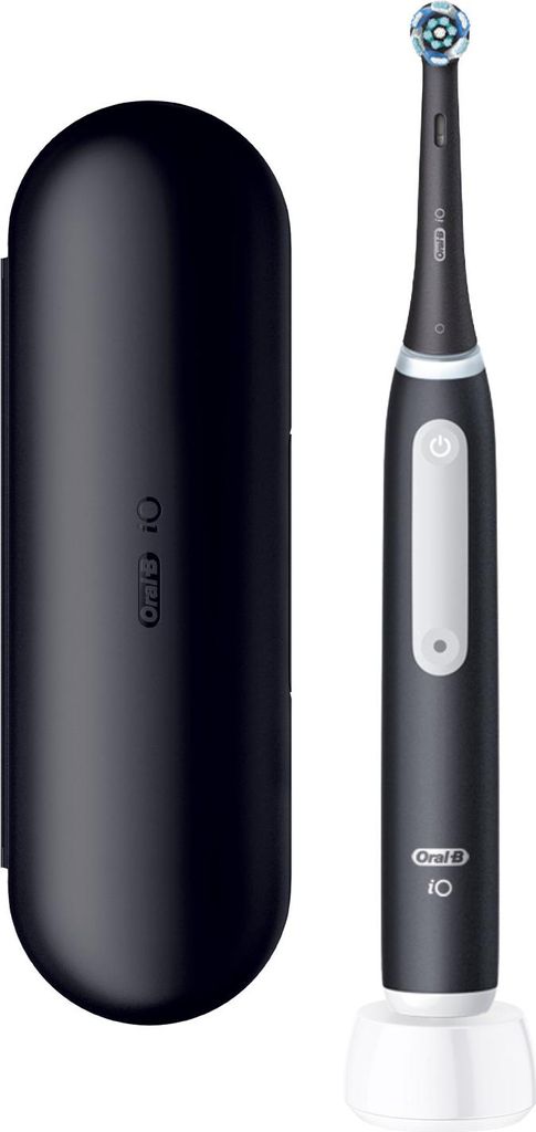 A black Oral-B electric toothbrush and its travel case are displayed against a white background.