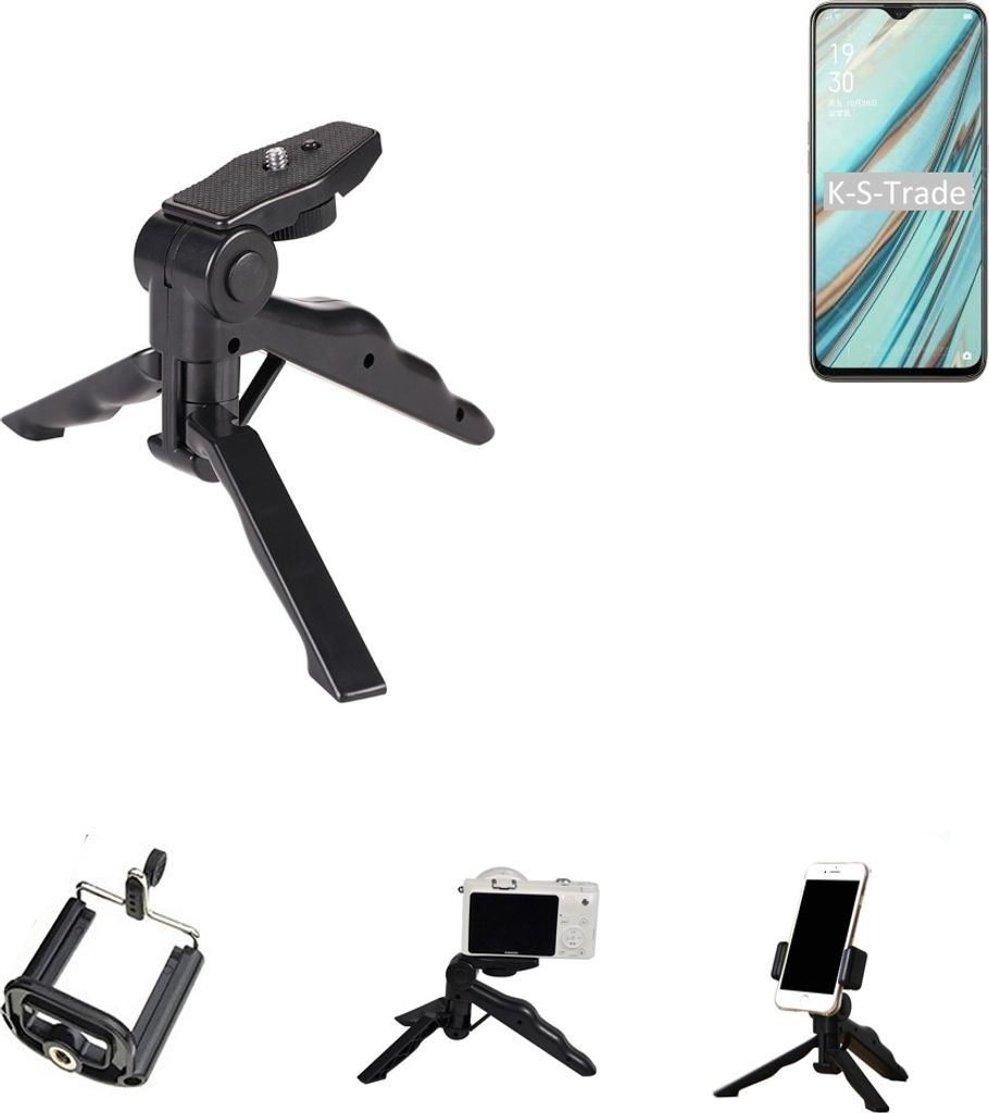 K-S-Trade Stativ Tisch-Ständer Dreibein Handy-Stativ Ständer kompatibel mit Oppo A9 Mini-Stativ Smartphone Tripod Handy-Stativ aus Plastik schwarz