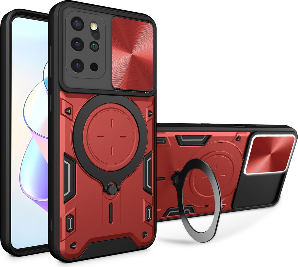 Handyhülle für Samsung Galaxy S20+ Dual-Layer Stoßfest Rüstung Hülle mit Dia Kameraschutz und Kreisförmig Ring Ständer Rot