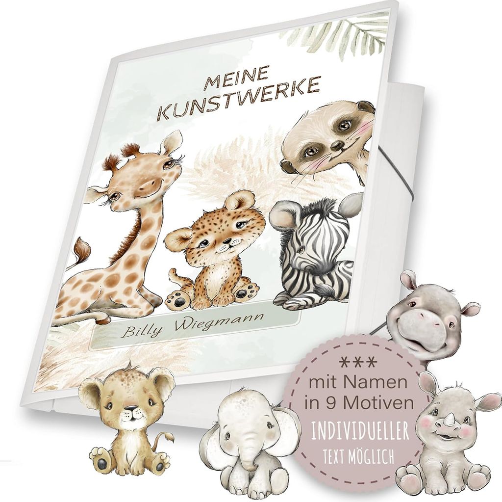 Zeichenmappe A3 Kindergarten Mappe personalisiert mit Namen Safaro Safari - 9 Motive zur Auswahl Meine Kunstwerke Erinnerungsmappe Sammelmappe Jung...