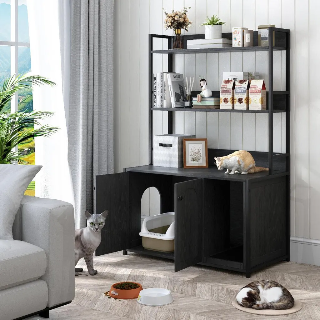 Maison pour chat bois noire avec meuble litière dissimulée et rangement