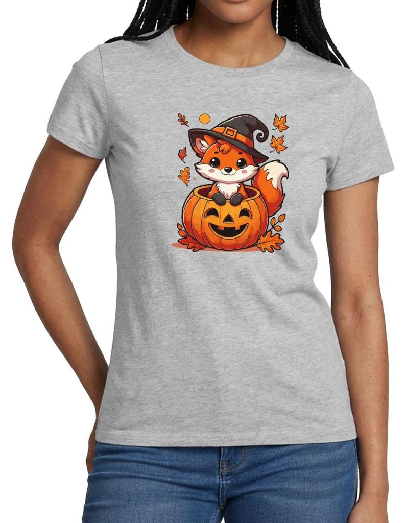 Spreadshirt Süßer Halloween Fuchs Im Kürbis Mit Hexenhut Frauen T-Shirt, M, Grau meliert