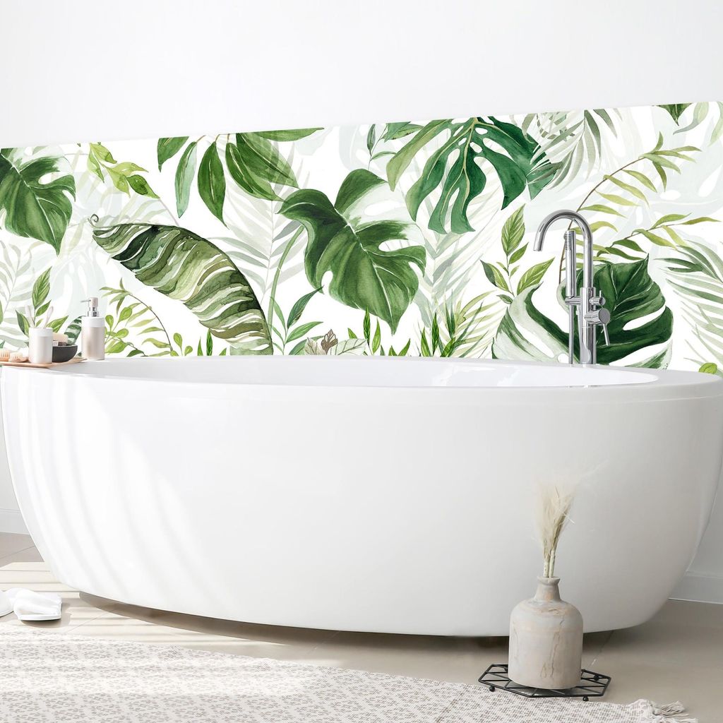 Wandverkleidung Bad Blumen selbstklebend - 0.35 mm Wandpaneel matt wasserfest Pflanzen grün Tropisch Badrückwand fugenlos 400x100 cm