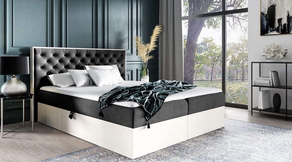 Kontinentales Bett 200x200 CHANTELLE 3 - nordisches Teakholz / Graphit + GRATIS Matratzenauflage