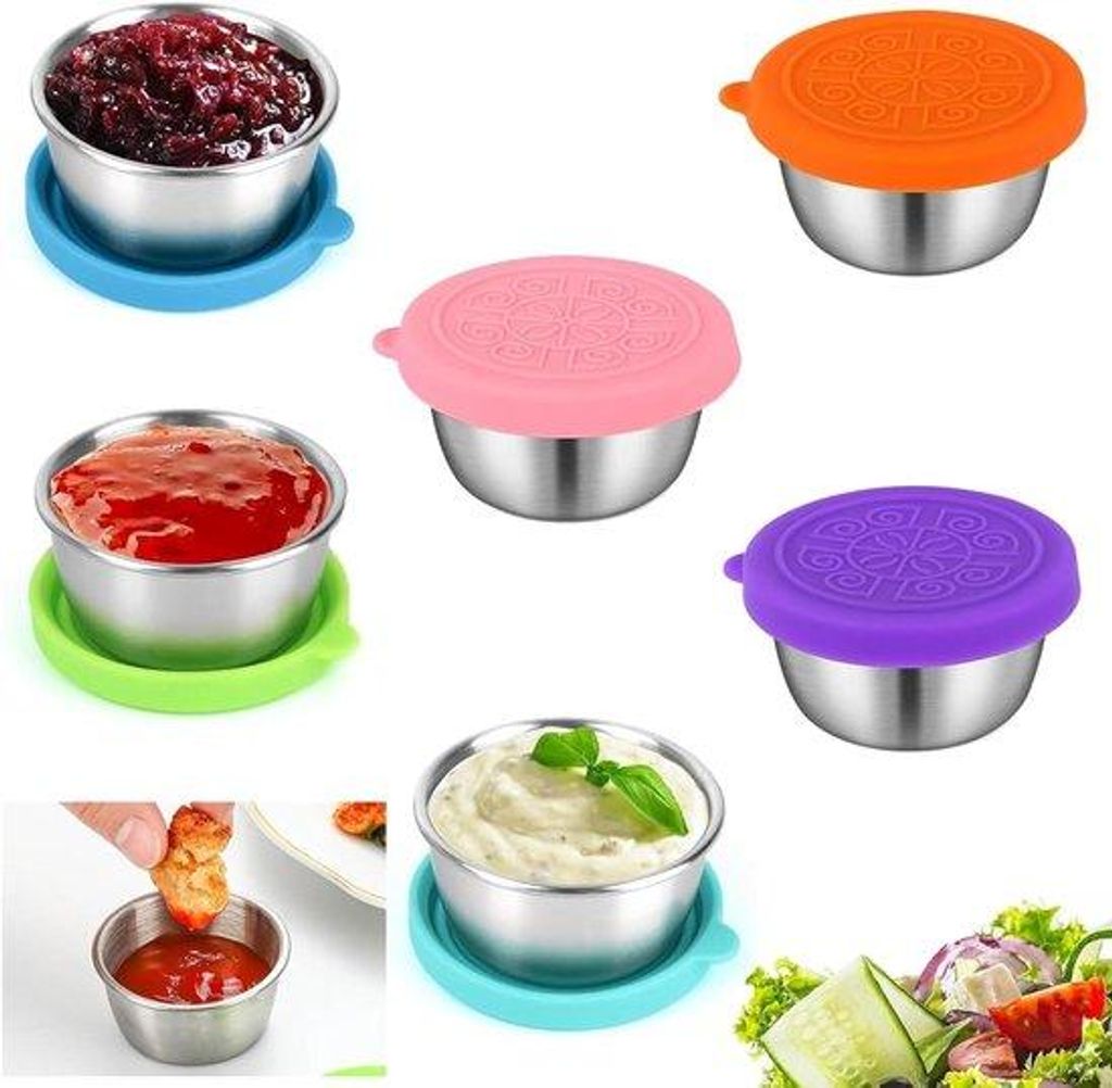 Saladedressingbehälter 6er - edelstahlbehälter mit silikondeckel - 40 ml - wiederholbar - Saucenbehälter - Küchenopbehr - Lebensmittelbehälter