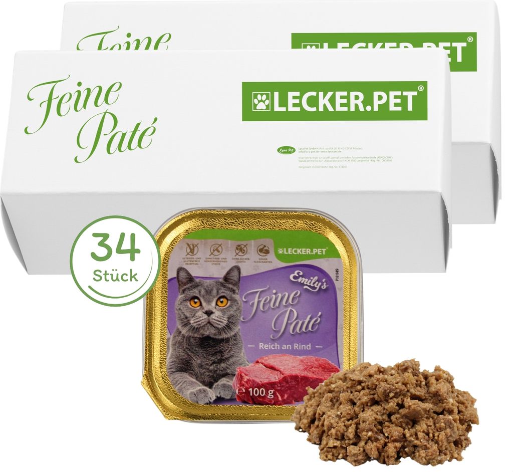 34 x 100 g Lecker.Pet Emily's Feine Paté Reich an Rind Katzenfutter Nassfutter Vollnahrung