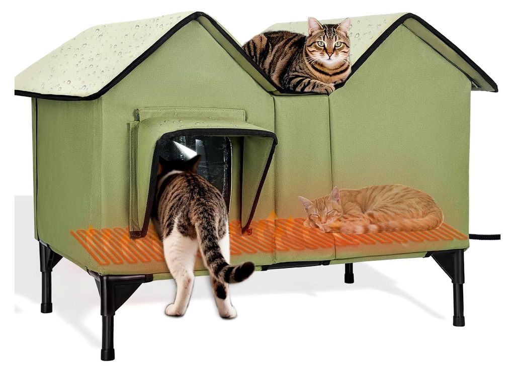 Beheiztes Katzenhaus für den Außenbereich, isoliert und winterfest mit Fluchttüren und Heizkissen für mehrere Katzen und Hunde, erhöhte, wasse...