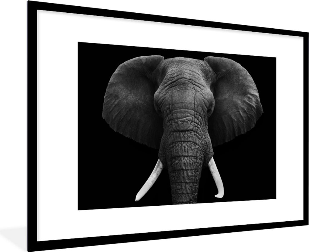 MuchoWow Gerahmtes Poster Elefant - Wildtiere - Schwarz - Weiß - Porträt 90x60 cm - Poster mit Schwarzem Bilderrahmen Wandposter Rahmen Foto Bi...