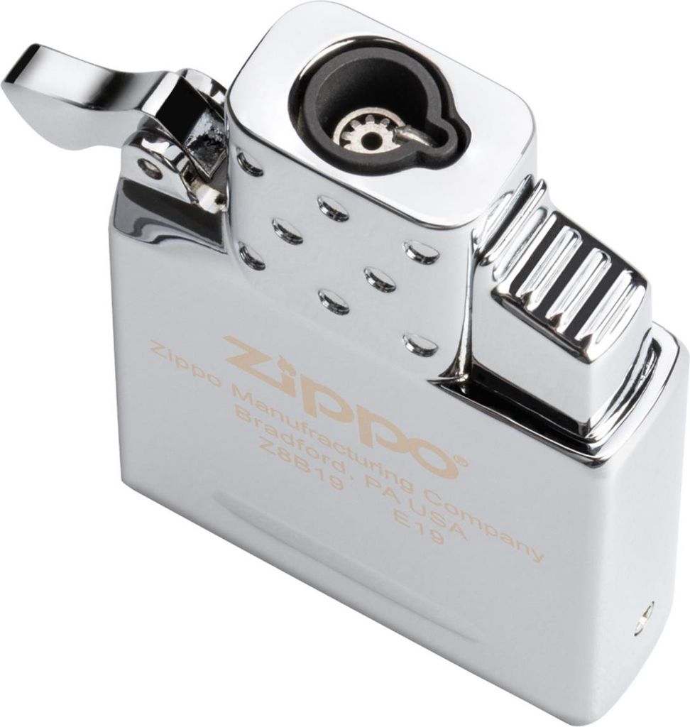 A close-up, high-angle shot of a Zippo lighter insert.