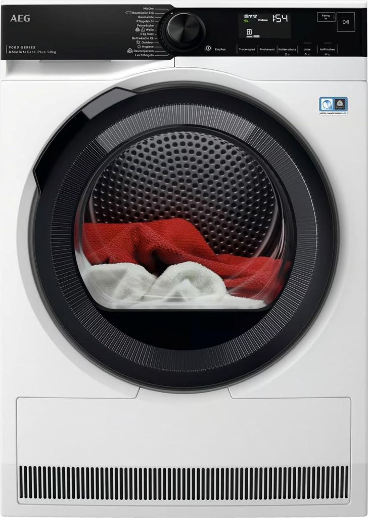 AEG Series 9000 TR9M75680, Freistehend, Frontlader, Wärmepumpe, Weiß, Drehregler, Berührung, Rechts