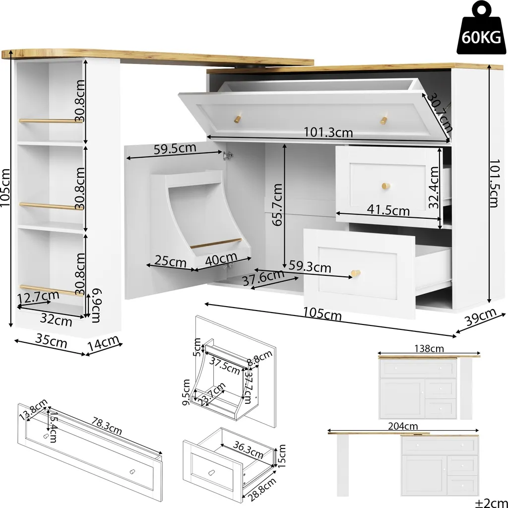 Table de bar extensible 138-204 cm en MDF et métal blanc et noir - 6