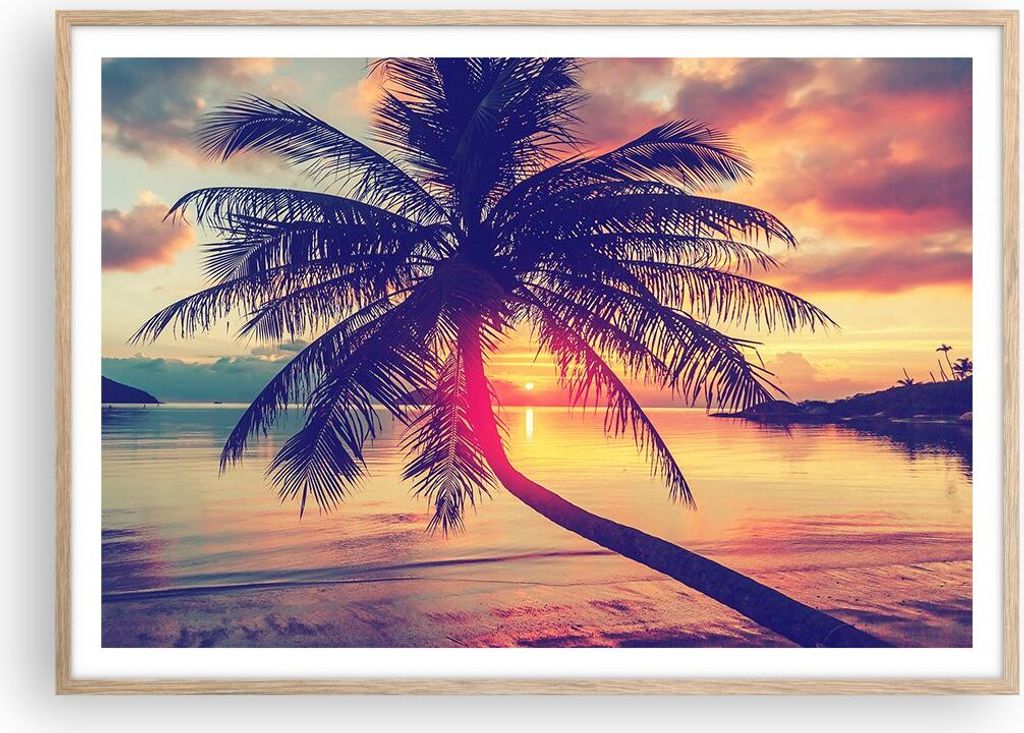 Gerahmtes Poster - Rahmen in heller Eiche - Meer Strand Palme - 100x70 cm - Wand Bild - Wanddeko - Wandbilder - Wandposter - Bilderrahmen - Bilder ...