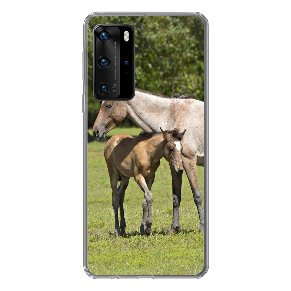 MuchoWow Handyhülle Schutzhülle Hülle für Huawei P40 Pro Pferde - Gras - Schatten Silikon Softcase Handy Hülle - Schutz