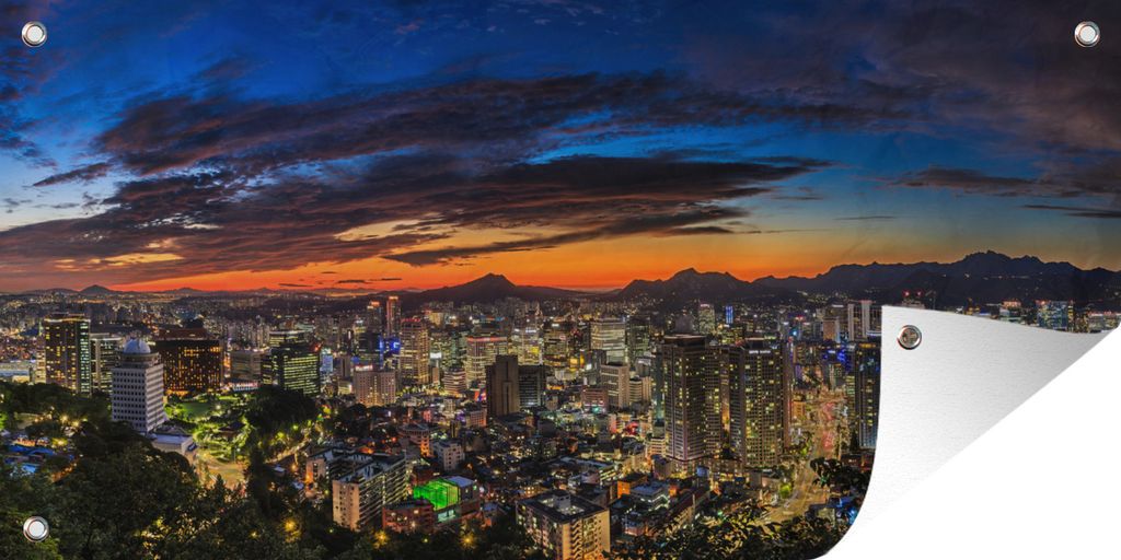 MuchoWow 60x30 cm Outdoor-Poster Gartendeko Sichtschutz Garten Poster für den Garten Seoul - Nacht - Sonnenuntergang