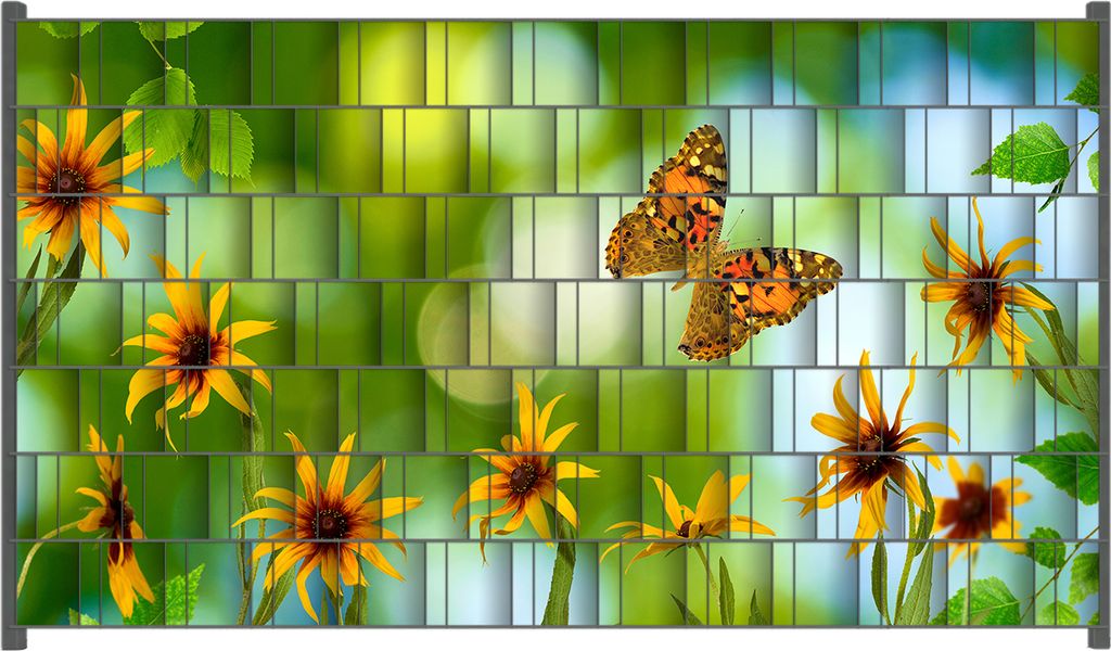 Wallario Zaunsichtschutz mit Motiv Blumen mit Schmetterling für Ein- und Doppelstabmatten Zäune in der Größe 250 x 140 cm