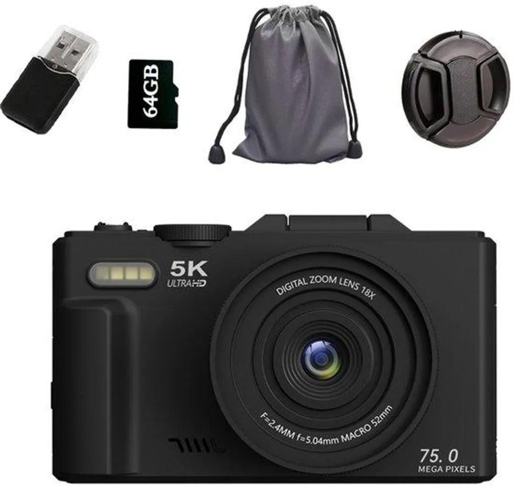 Appareil photo numérique 5K 75 Mpx avec Wi-Fi et Zoom 18x - Carte 64 Go