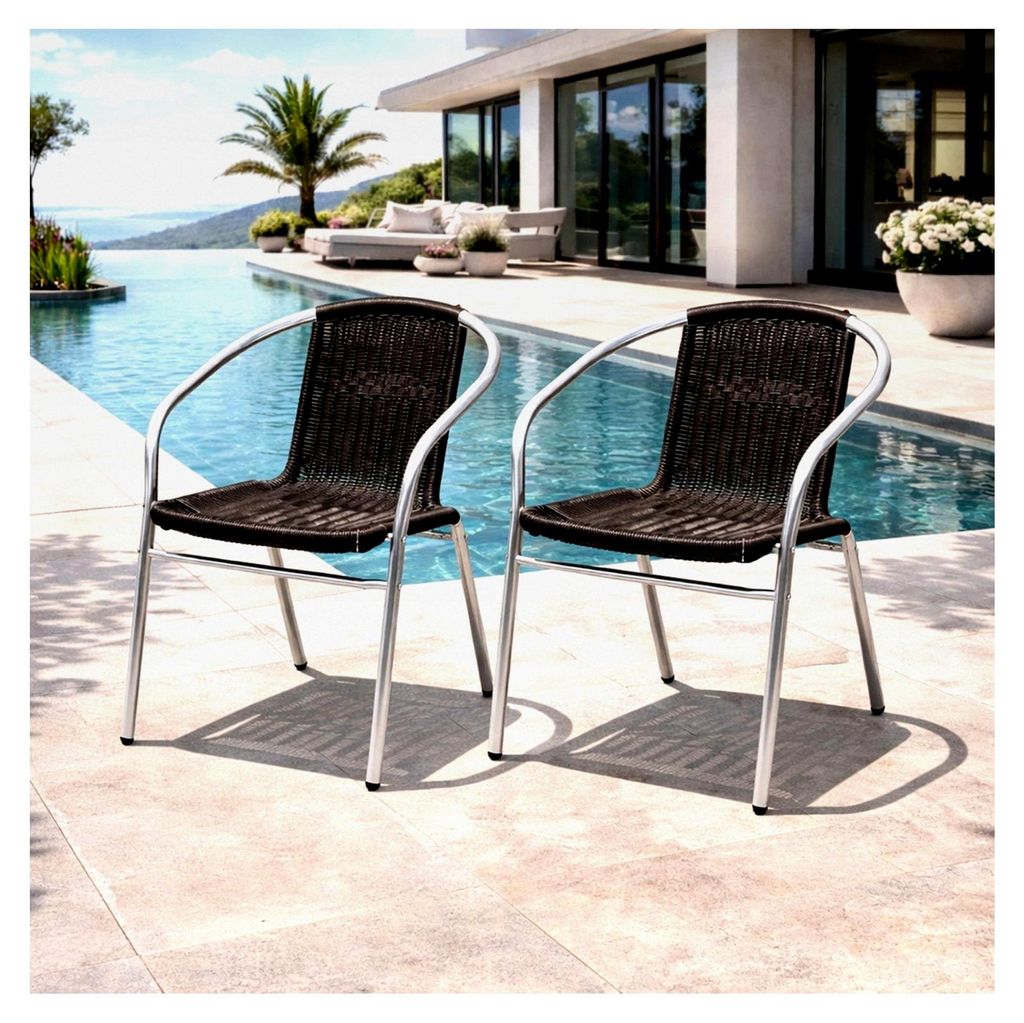 2 Stück Aluminium/Polyrattan Bistrostuhl stapelbar Campingstuhl Gartenstuhl Küchenstuhl Balkonmöbel Gartensitzmöbel Silber/Schwarz