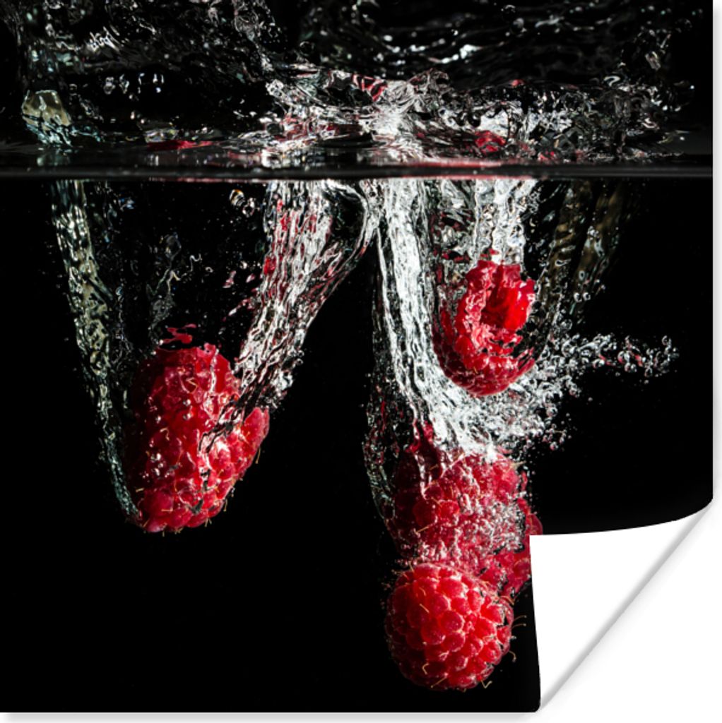 MuchoWow Poster Himbeeren - Obst - Stilleben - Wasser - Schwarz - Rot 100x100 cm - Babyzimmer