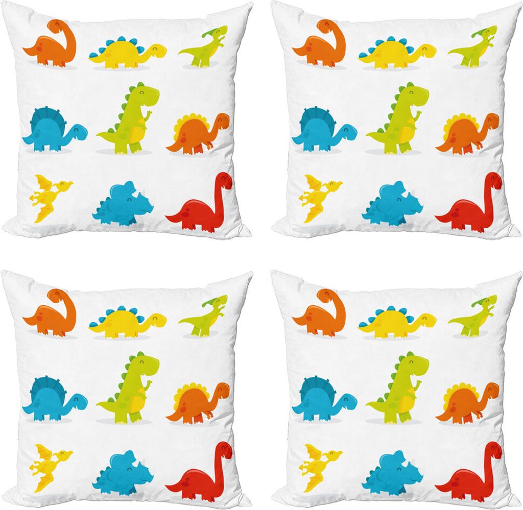 ABAKUHAUS Dinosaurier Kissenbezug Set (4 Stück), Lustige Cartoon-Set, Moderner Doppelseitiger Digitaldruck, 40 cm x 40 cm, Mehrfarbig