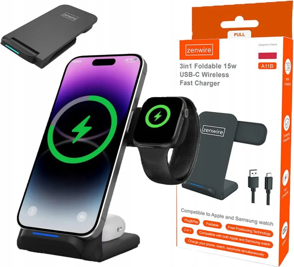 Caricatore a induzione - caricatore wireless - 3-in-1 - USB-C - per Apple Samsung - per Smart Watch - QI - 15 W