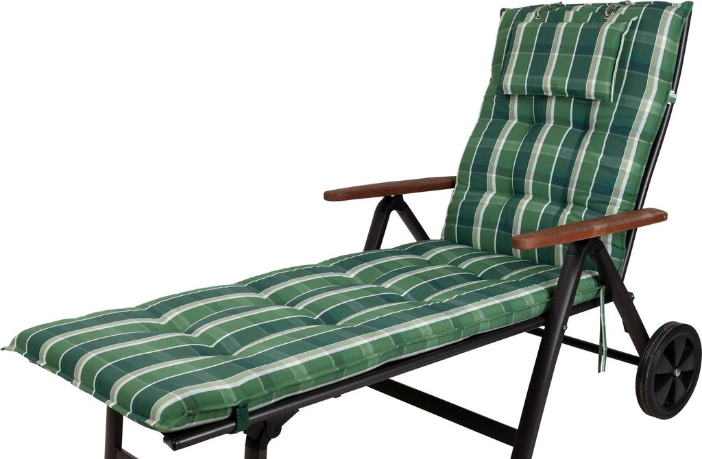 A green and white checkered chaise lounge cushion on a black metal frame, with wooden armrests and a black wheel visible.