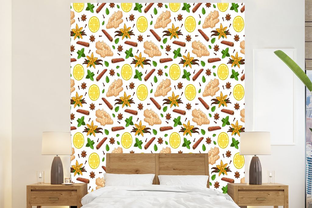 MuchoWow Fototapete für Wohnzimmer oder Schlafzimmer Wandtapete Vinyl Motivtapete Ingwer - Zimt - Zitrone - Anis - 195x240 cm - Gemusterte