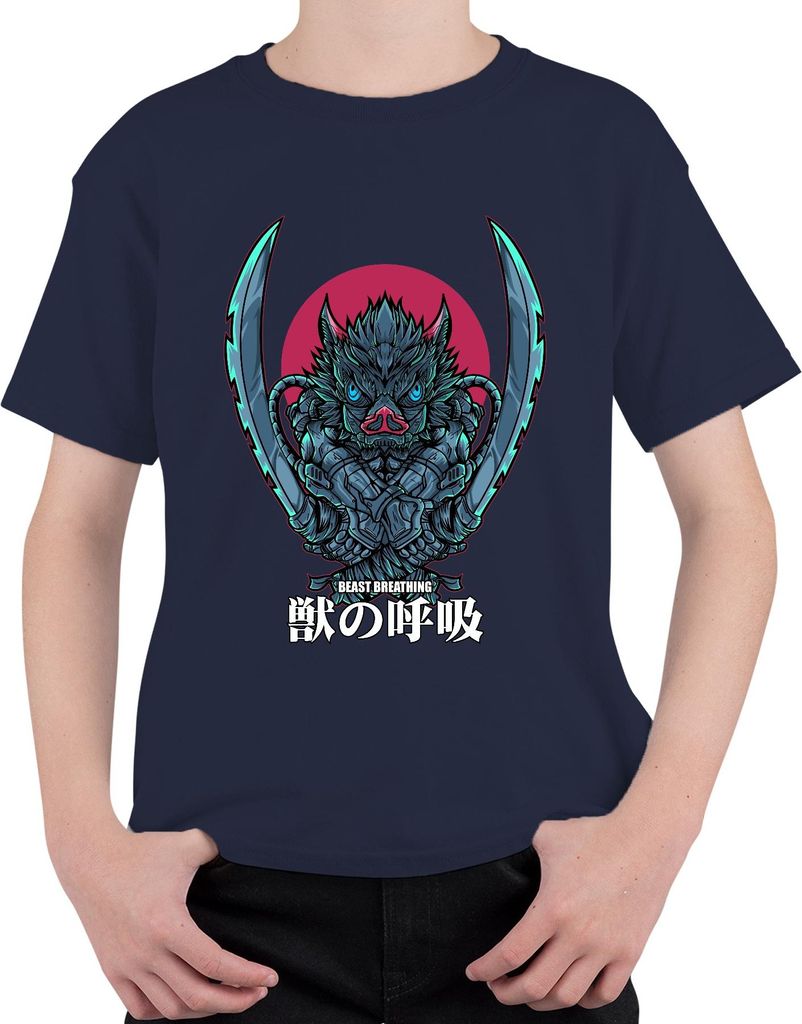 Beast Breathing Samurai Schwert Wildschwein Maske düster Uni Kinder T-Shirt, Navy, 152