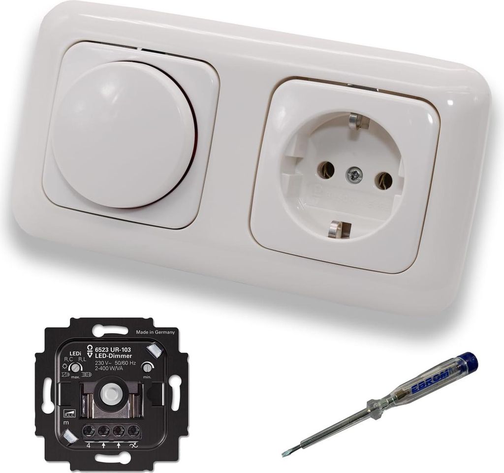 Busch Jäger 6523UR-103 LED Drehdimmer Dimmer + Dimmerscheibe 2115-214 und Steckdose 20EUC-214 in Reflex Si alpinweiß glänzend inklusive EBROM Ph...