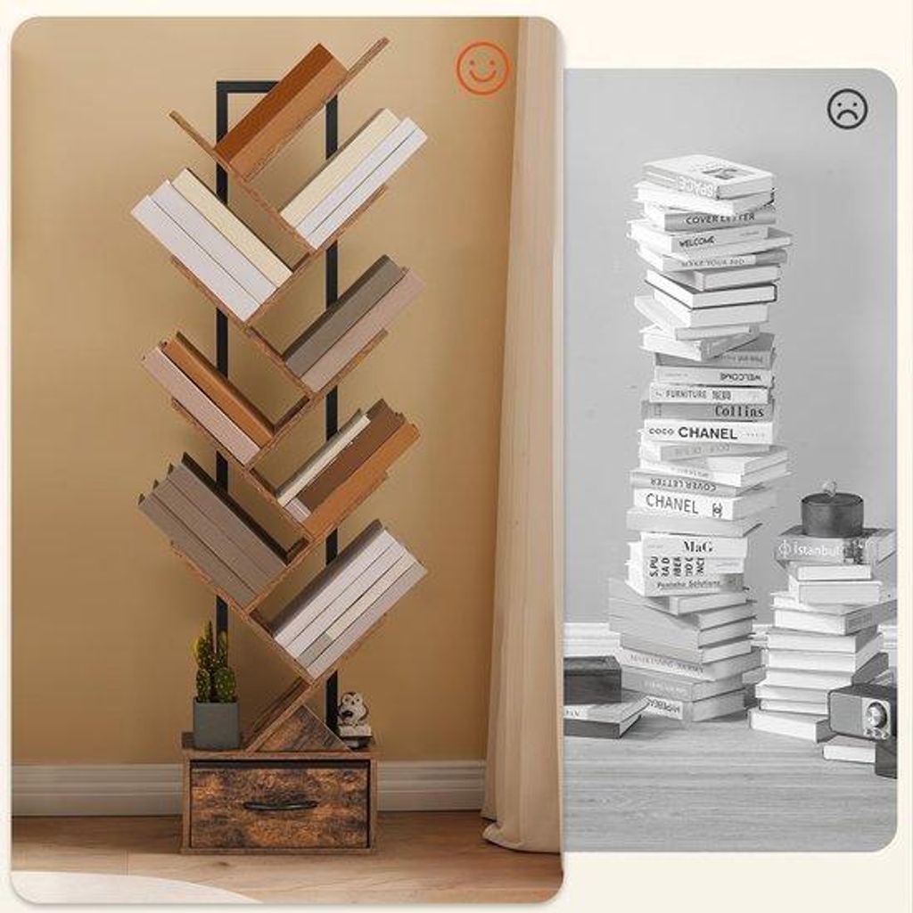 Unyqoos Vintage Baumförmiger Bücherregal mit 9 Regalen und Schublade für verschiedene Räume