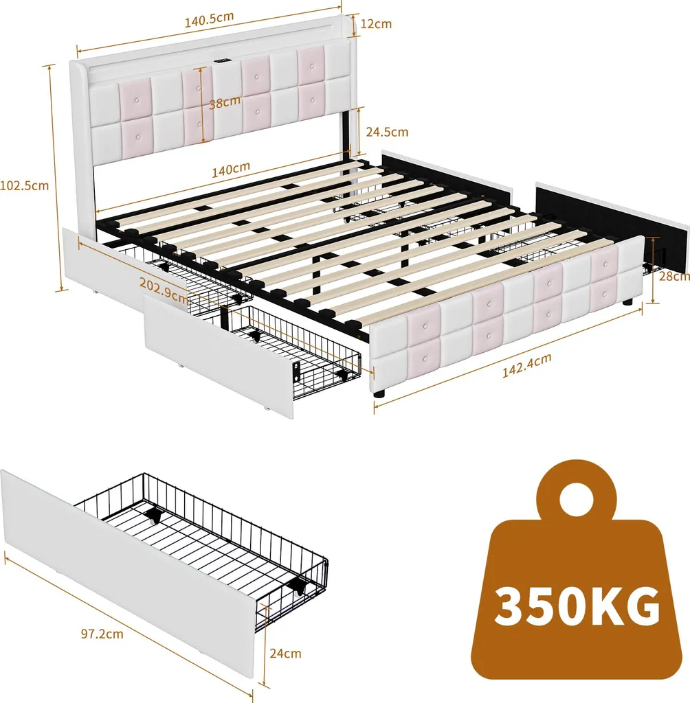 Lit double 160x200 avec rangement tiroirs et tête de lit connectée - 6