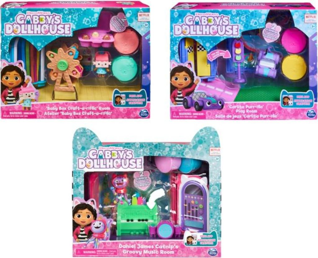 A collage of three Gabby's Dollhouse toy playsets, each featuring characters and accessories.