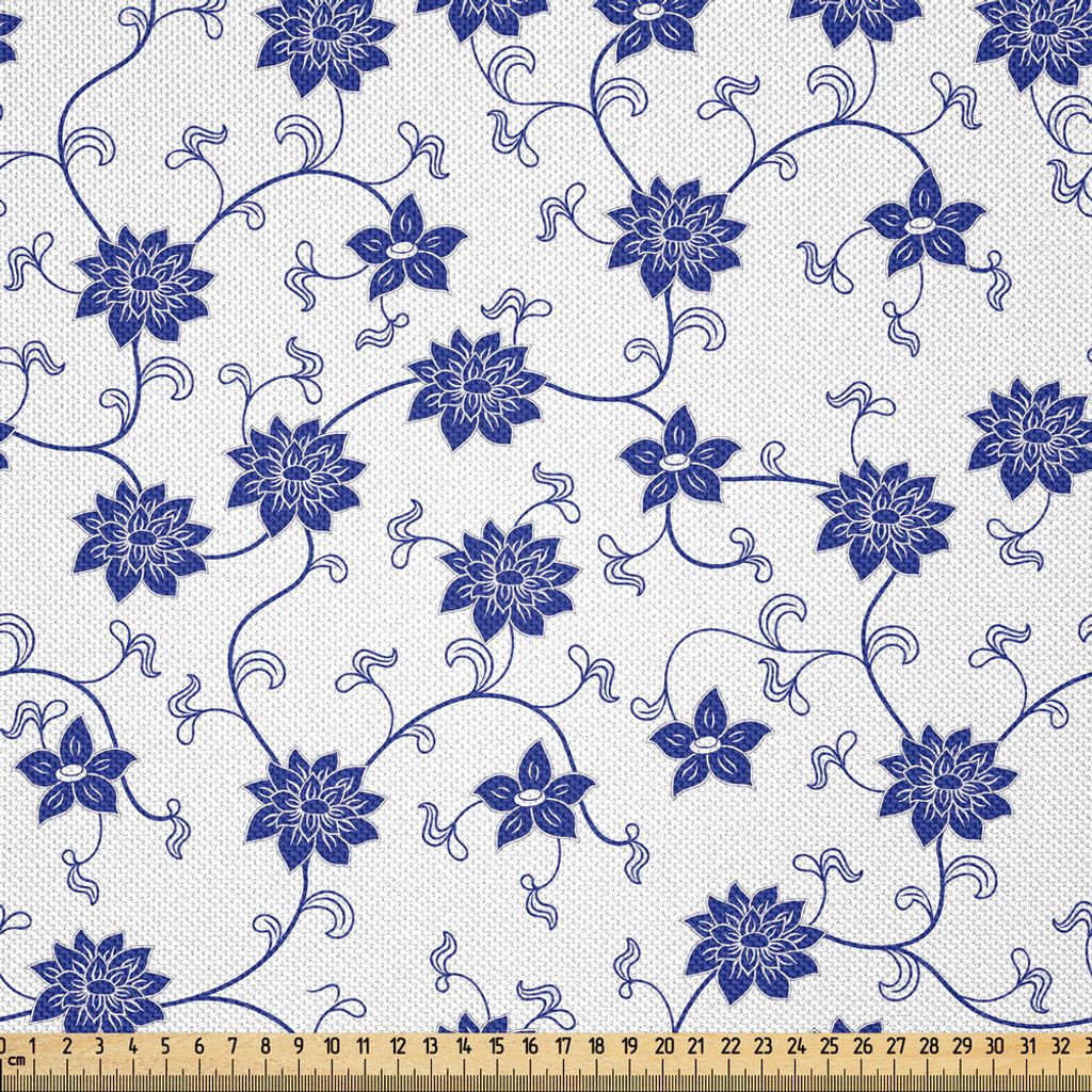 ABAKUHAUS Blau Satin Stoff als Meterware, Handgezeichnete Stil chinesische Muster mit Blumen Natur inspiriert künstlerische Vintage, 10 M (148 x 1...