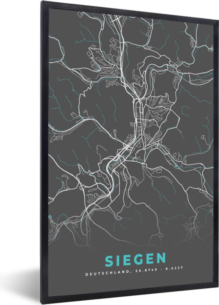 MuchoWow Gerahmtes Poster Stadtplan - Siegen - Deutschland - Karte 40x60 cm - Poster mit Schwarzem Bilderrahmen Wandposter Rahmen Foto Bilder - P...